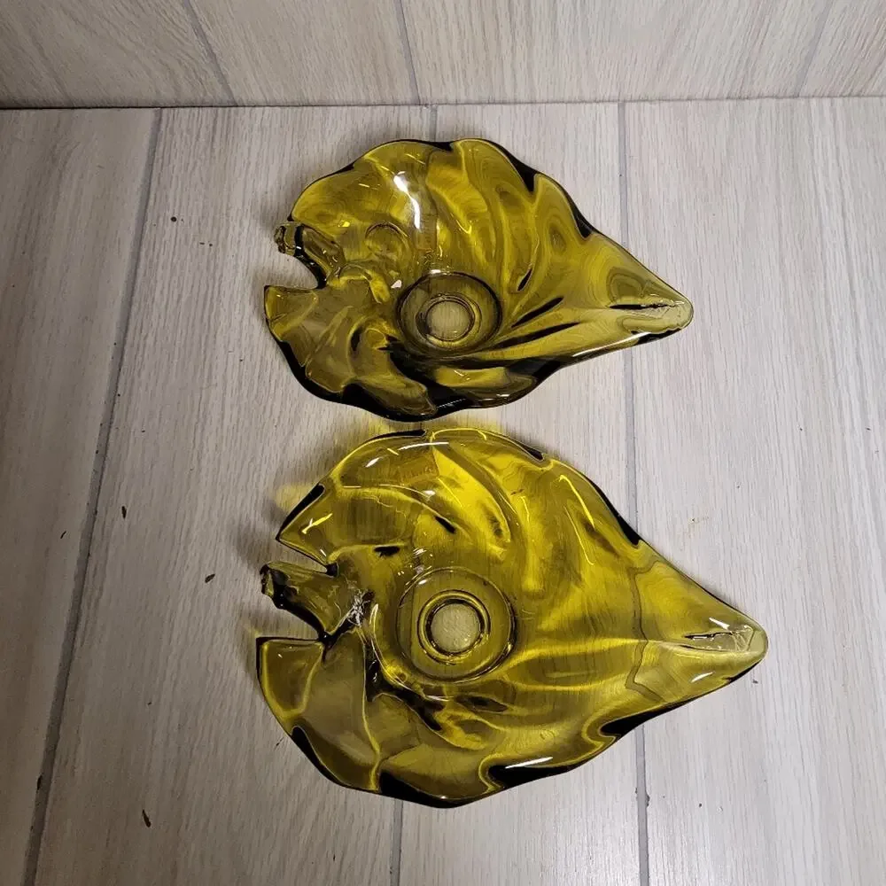 Vintage Noleans Italy Avacado Green Glass Leaf Candy Dish Candle Holder Set READ
